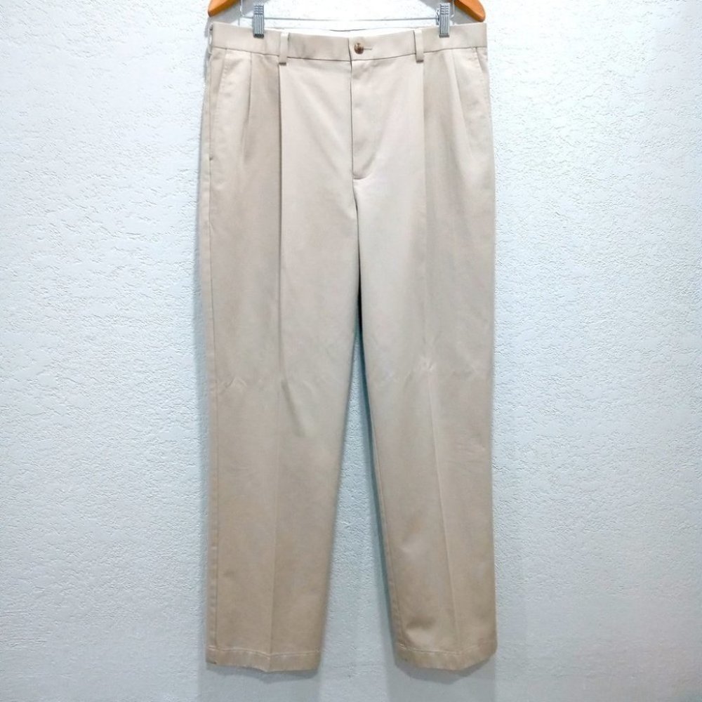 Roundtree & Yorke Mens Pleated Dress Pants Sz 35x32 100% Cotton Tan